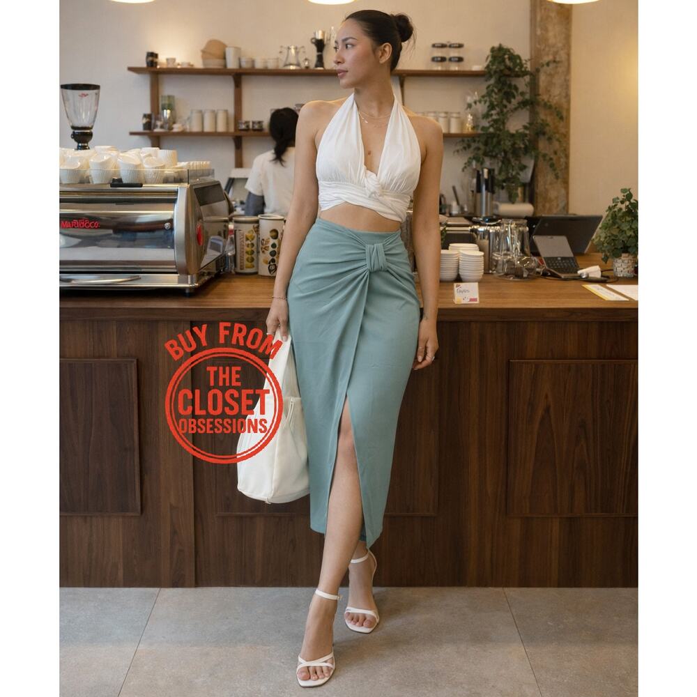 ZARA Blogger Fave Sea Green Front Wrap Midi Skirt Knot Detail NWT - Picture 11 of 16